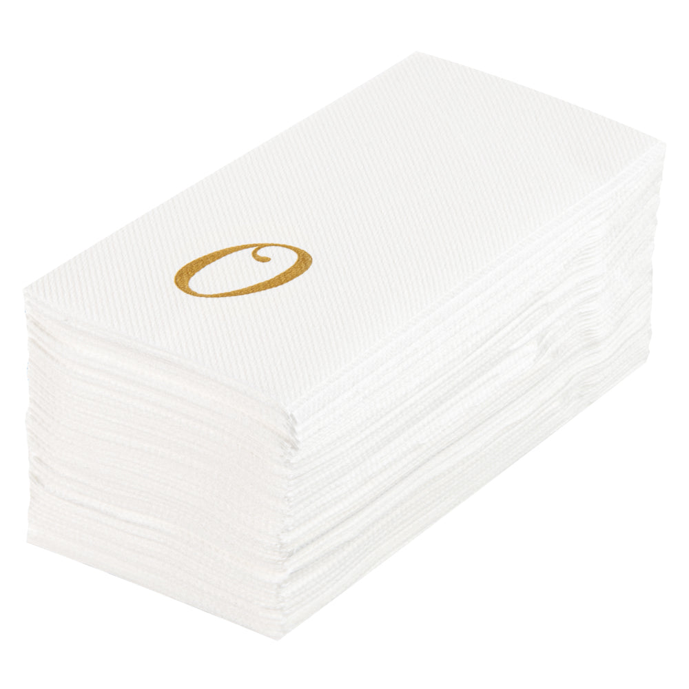 Luxenap Rectangle Gold Letter O White Paper Linen-Feel Guest Towel / Napkin - Air Laid, Cursive Font - 15 3/4" x 8" - 50 count box