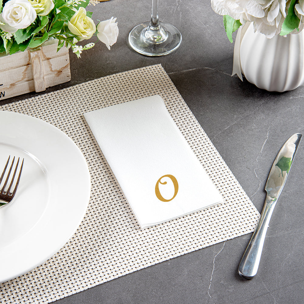 Luxenap Rectangle Gold Letter O White Paper Linen-Feel Guest Towel / Napkin - Air Laid, Cursive Font - 15 3/4" x 8" - 50 count box