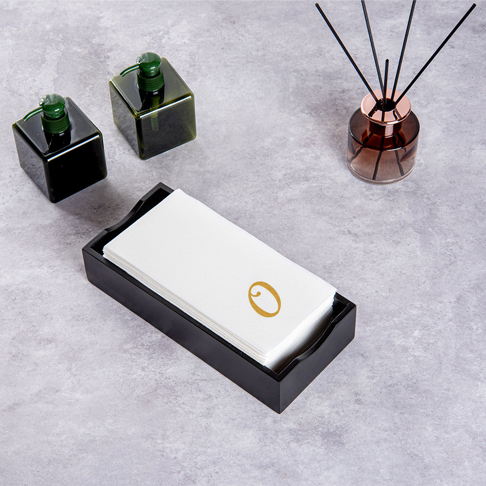 Luxenap Rectangle Gold Letter O White Paper Linen-Feel Guest Towel / Napkin - Air Laid, Cursive Font - 15 3/4" x 8" - 2000 count box