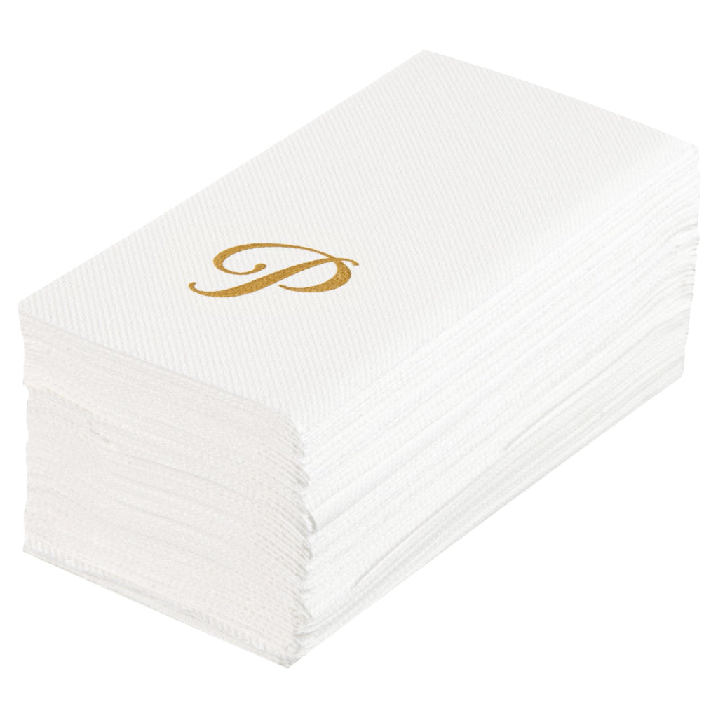 Luxenap Rectangle Gold Letter P White Paper Linen-Feel Guest Towel / Napkin - Air Laid, Cursive Font - 15 3/4" x 8" - 2000 count box
