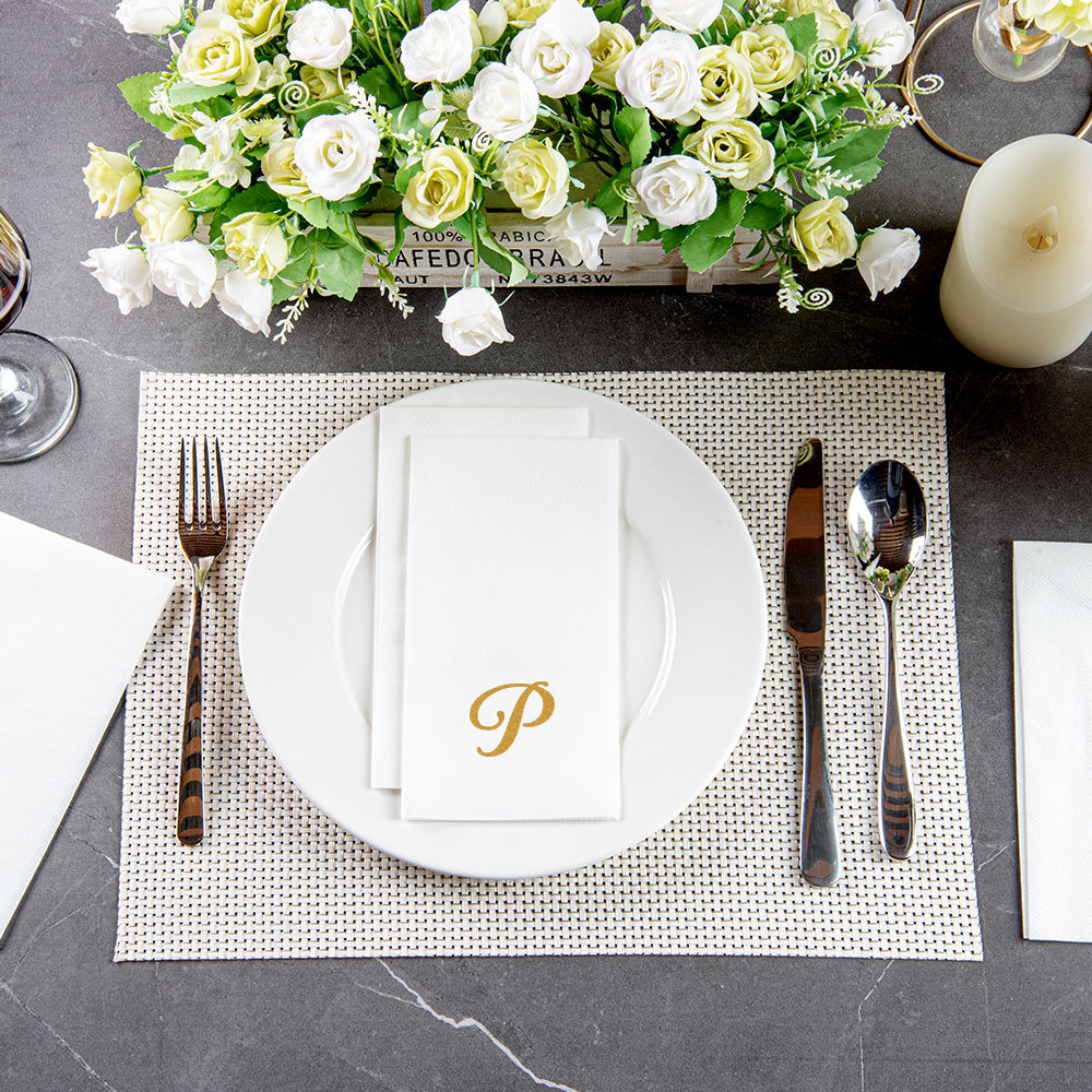 Luxenap Rectangle Gold Letter P White Paper Linen-Feel Guest Towel / Napkin - Air Laid, Cursive Font - 15 3/4" x 8" - 50 count box