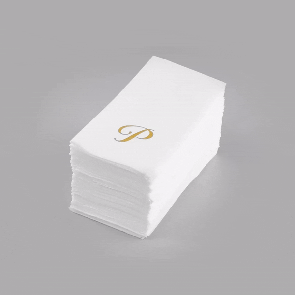 Luxenap Rectangle Gold Letter P White Paper Linen-Feel Guest Towel / Napkin - Air Laid, Cursive Font - 15 3/4" x 8" - 50 count box