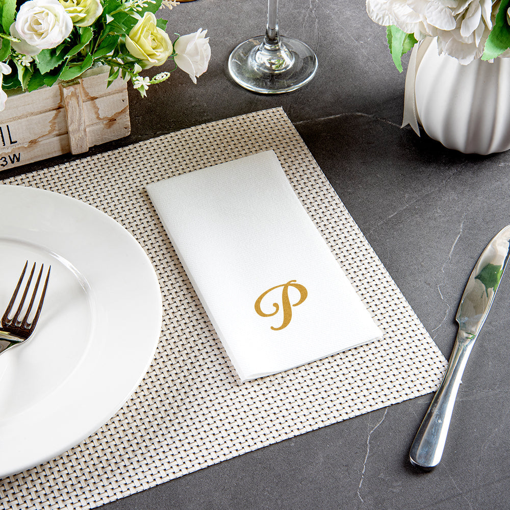 Luxenap Rectangle Gold Letter P White Paper Linen-Feel Guest Towel / Napkin - Air Laid, Cursive Font - 15 3/4" x 8" - 50 count box