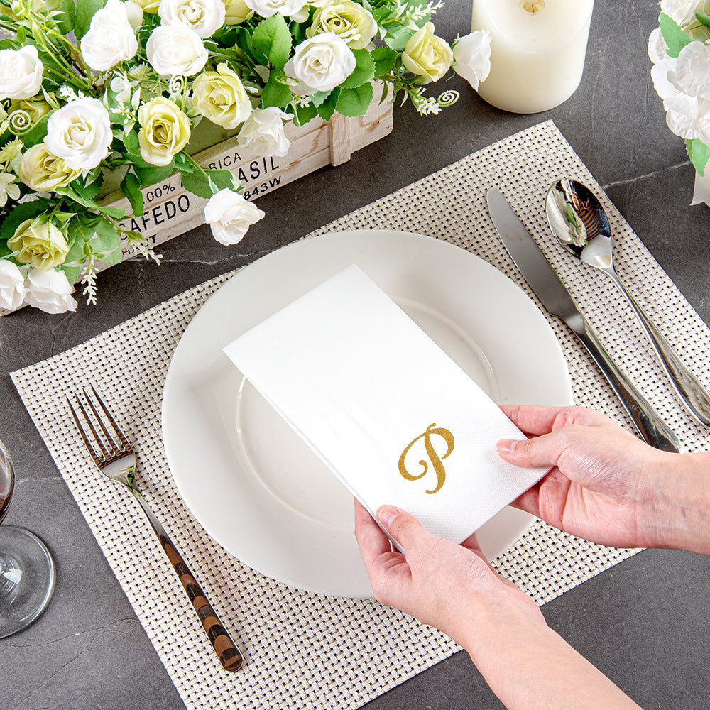 Luxenap Rectangle Gold Letter P White Paper Linen-Feel Guest Towel / Napkin - Air Laid, Cursive Font - 15 3/4" x 8" - 2000 count box