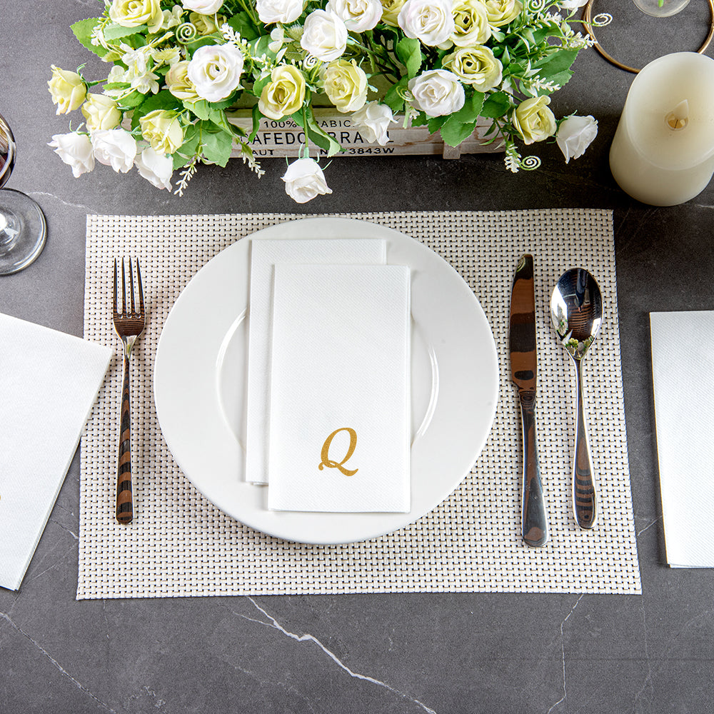 Luxenap Rectangle Gold Letter Q White Paper Linen-Feel Guest Towel / Napkin - Air Laid, Cursive Font - 15 3/4" x 8" - 2000 count box