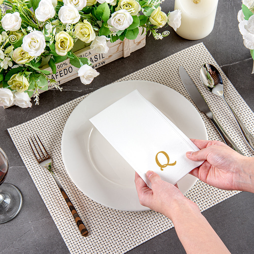 Luxenap Rectangle Gold Letter Q White Paper Linen-Feel Guest Towel / Napkin - Air Laid, Cursive Font - 15 3/4" x 8" - 50 count box