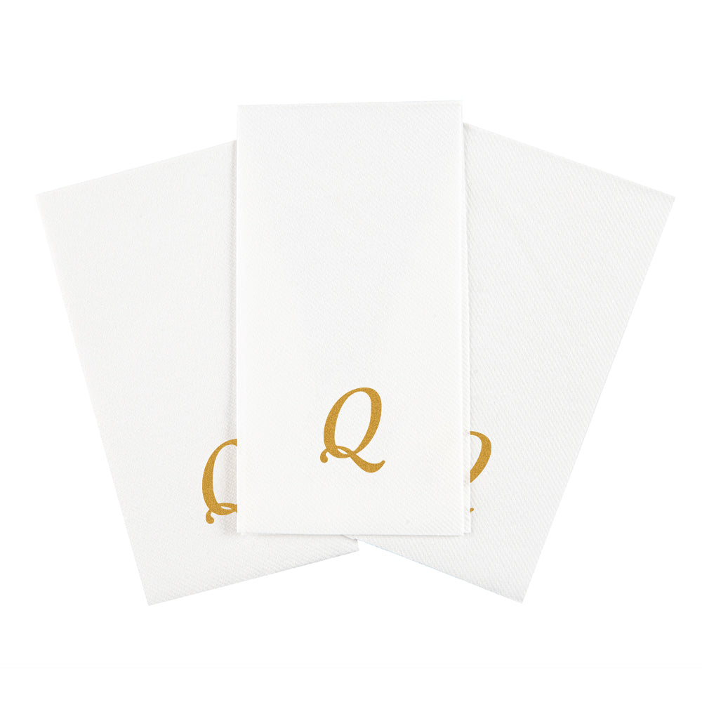 Luxenap Rectangle Gold Letter Q White Paper Linen-Feel Guest Towel / Napkin - Air Laid, Cursive Font - 15 3/4" x 8" - 2000 count box