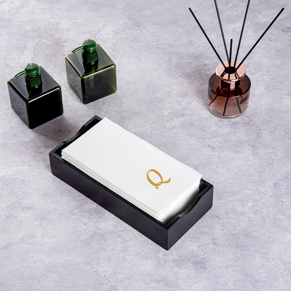 Luxenap Rectangle Gold Letter Q White Paper Linen-Feel Guest Towel / Napkin - Air Laid, Cursive Font - 15 3/4" x 8" - 2000 count box