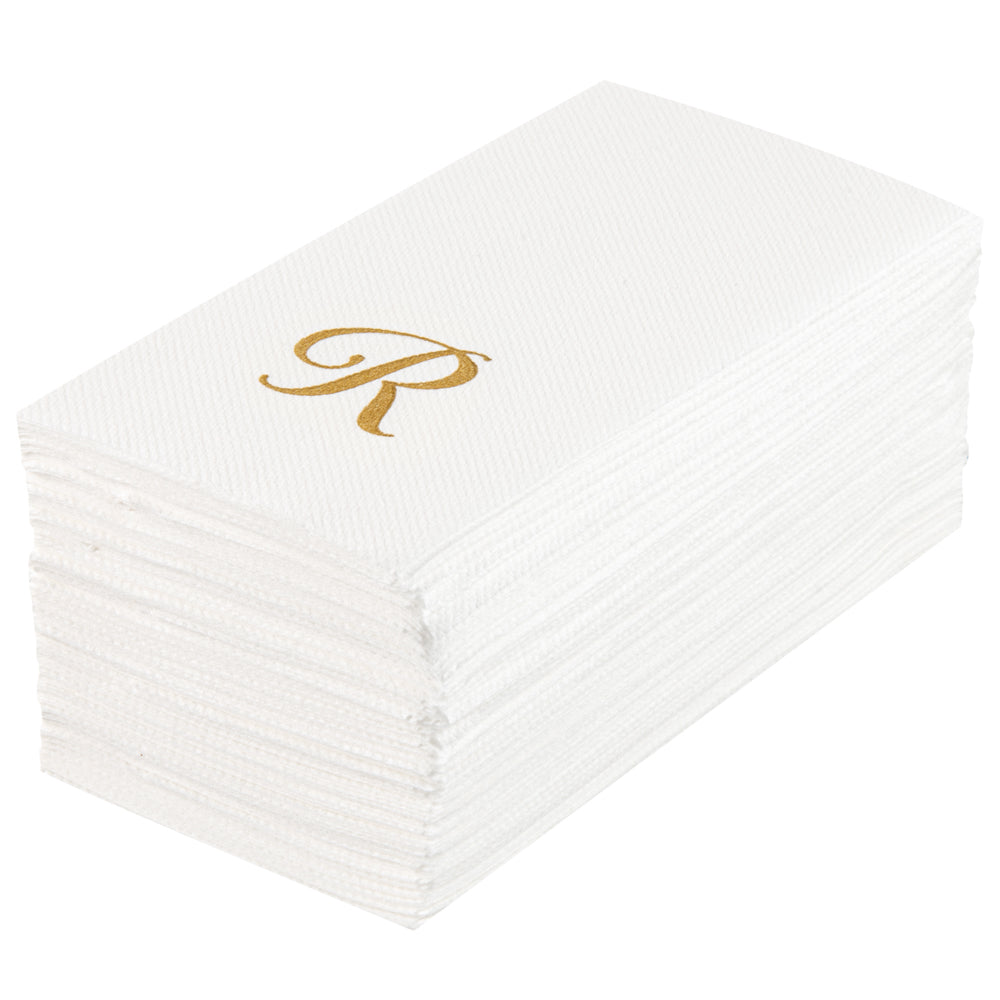 Luxenap Rectangle Gold Letter R White Paper Linen-Feel Guest Towel / Napkin - Air Laid, Cursive Font - 15 3/4" x 8" - 50 count box