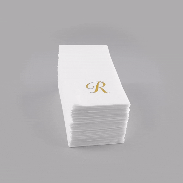 Luxenap Rectangle Gold Letter R White Paper Linen-Feel Guest Towel / Napkin - Air Laid, Cursive Font - 15 3/4" x 8" - 50 count box