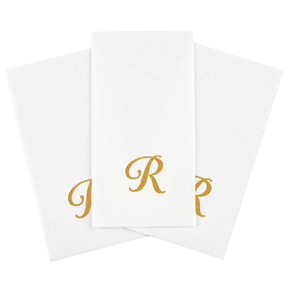 Luxenap Rectangle Gold Letter R White Paper Linen-Feel Guest Towel / Napkin - Air Laid, Cursive Font - 15 3/4" x 8" - 2000 count box