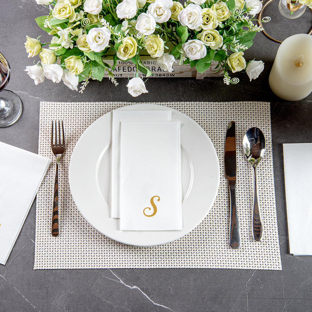 Luxenap Rectangle Gold Letter S White Paper Linen-Feel Guest Towel / Napkin - Air Laid, Cursive Font - 15 3/4" x 8" - 50 count box