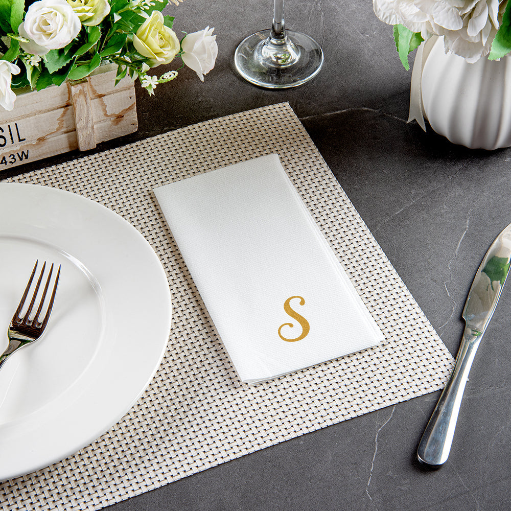 Luxenap Rectangle Gold Letter S White Paper Linen-Feel Guest Towel / Napkin - Air Laid, Cursive Font - 15 3/4" x 8" - 2000 count box