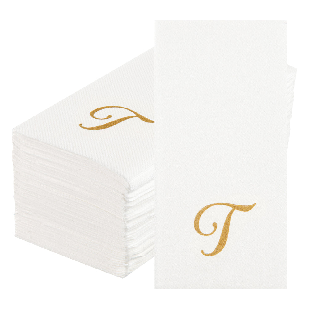 Luxenap Rectangle Gold Letter T White Paper Linen-Feel Guest Towel / Napkin - Air Laid, Cursive Font - 15 3/4" x 8" - 50 count box