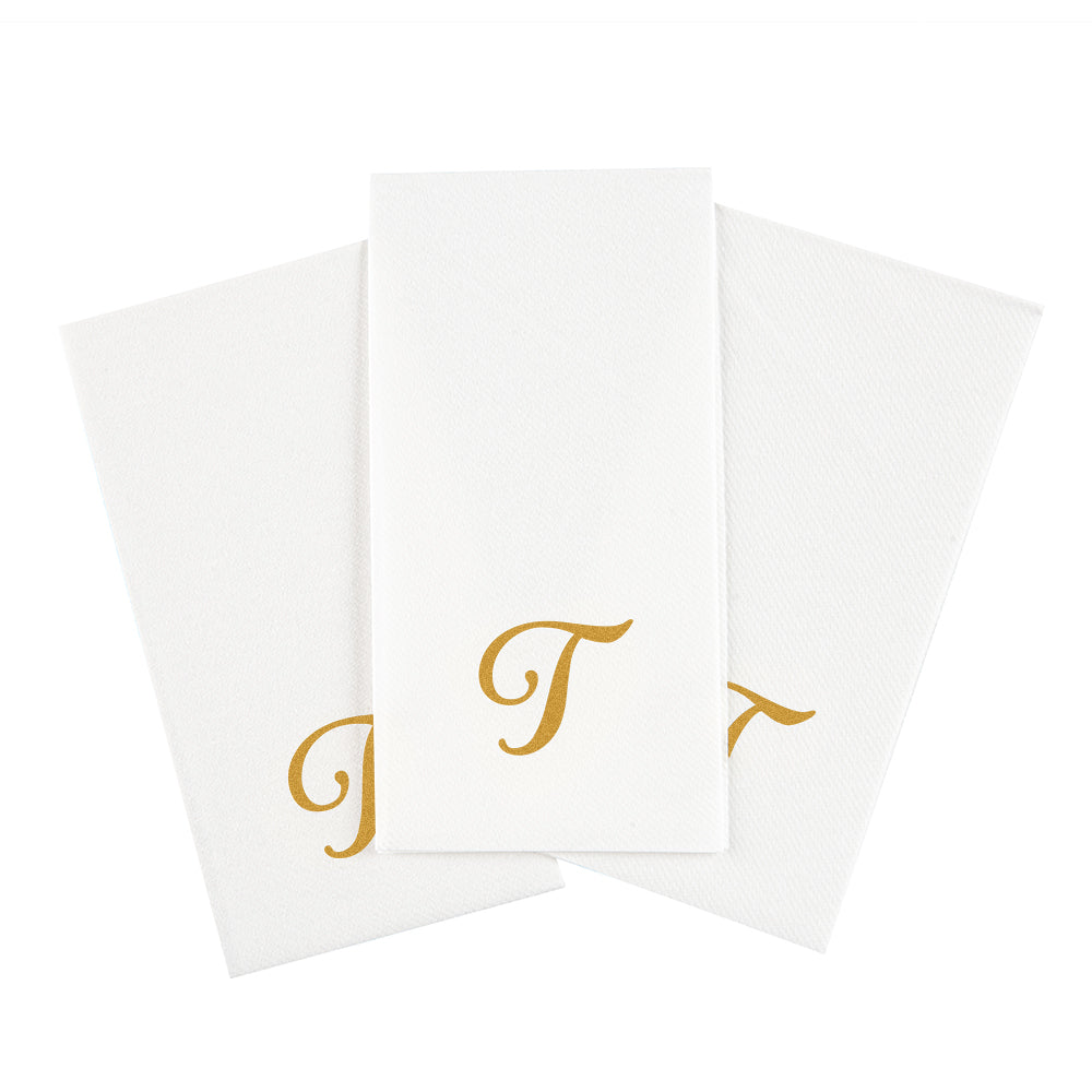 Luxenap Rectangle Gold Letter T White Paper Linen-Feel Guest Towel / Napkin - Air Laid, Cursive Font - 15 3/4" x 8" - 2000 count box