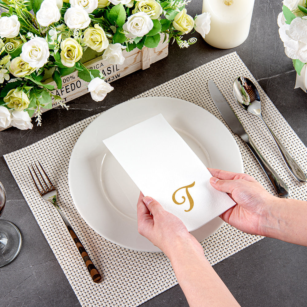 Luxenap Rectangle Gold Letter T White Paper Linen-Feel Guest Towel / Napkin - Air Laid, Cursive Font - 15 3/4" x 8" - 2000 count box