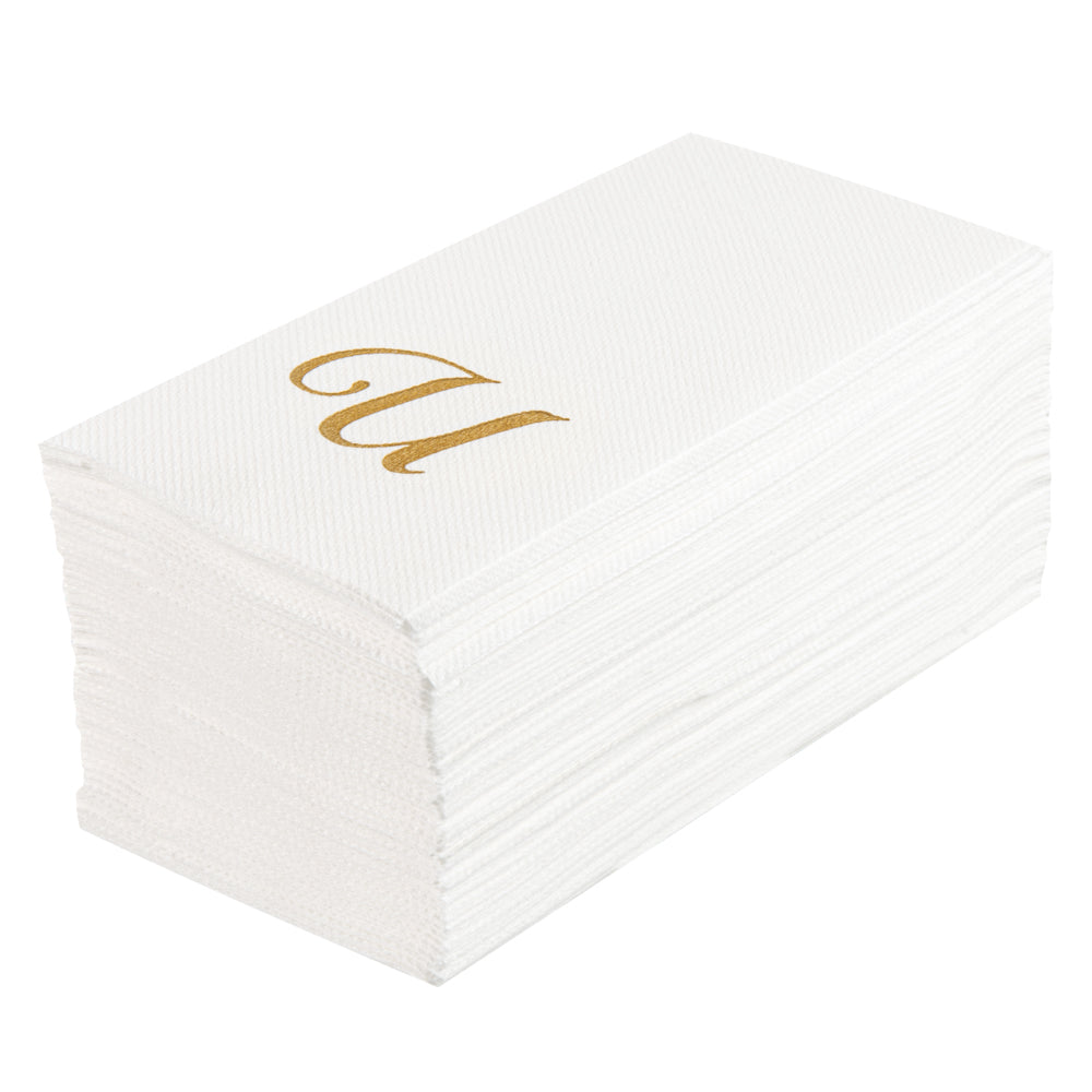 Luxenap Rectangle Gold Letter U White Paper Linen-Feel Guest Towel / Napkin - Air Laid, Cursive Font - 15 3/4" x 8" - 50 count box