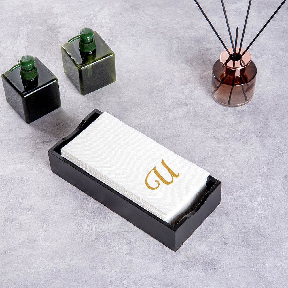 Luxenap Rectangle Gold Letter U White Paper Linen-Feel Guest Towel / Napkin - Air Laid, Cursive Font - 15 3/4" x 8" - 50 count box