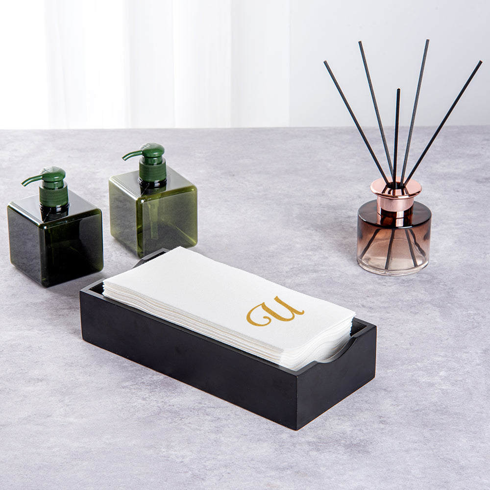 Luxenap Rectangle Gold Letter U White Paper Linen-Feel Guest Towel / Napkin - Air Laid, Cursive Font - 15 3/4" x 8" - 2000 count box