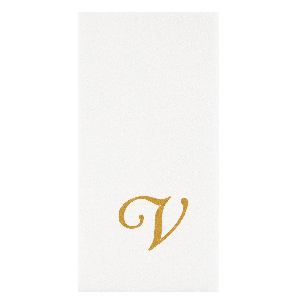 Luxenap Rectangle Gold Letter V White Paper Linen-Feel Guest Towel / Napkin - Air Laid, Cursive Font - 15 3/4" x 8" - 50 count box