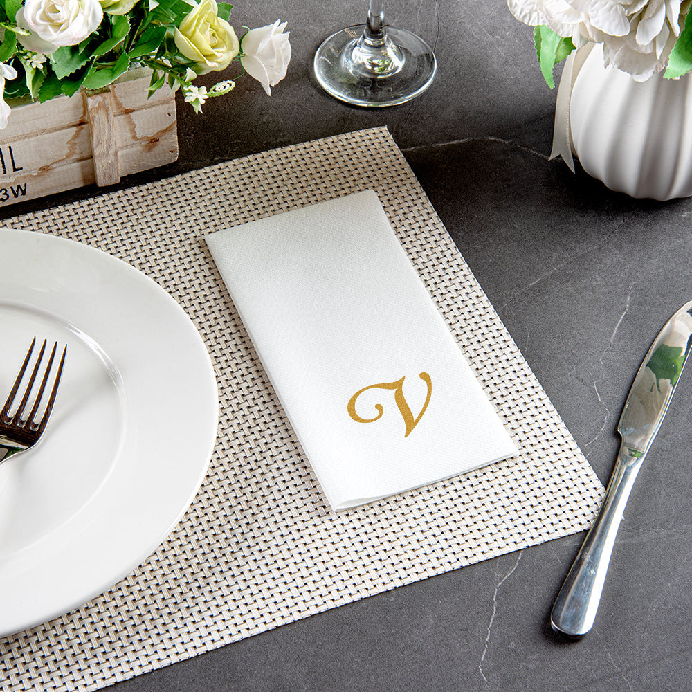Luxenap Rectangle Gold Letter V White Paper Linen-Feel Guest Towel / Napkin - Air Laid, Cursive Font - 15 3/4" x 8" - 50 count box