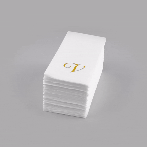 Luxenap Rectangle Gold Letter V White Paper Linen-Feel Guest Towel / Napkin - Air Laid, Cursive Font - 15 3/4" x 8" - 2000 count box