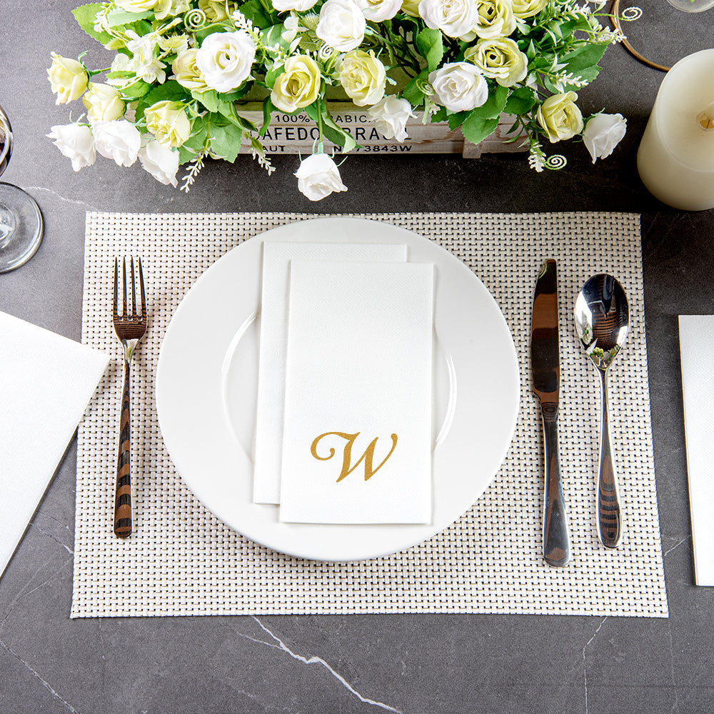 Luxenap Rectangle Gold Letter W White Paper Linen-Feel Guest Towel / Napkin - Air Laid, Cursive Font - 15 3/4" x 8" - 50 count box