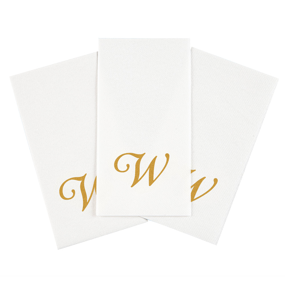 Luxenap Rectangle Gold Letter W White Paper Linen-Feel Guest Towel / Napkin - Air Laid, Cursive Font - 15 3/4" x 8" - 50 count box