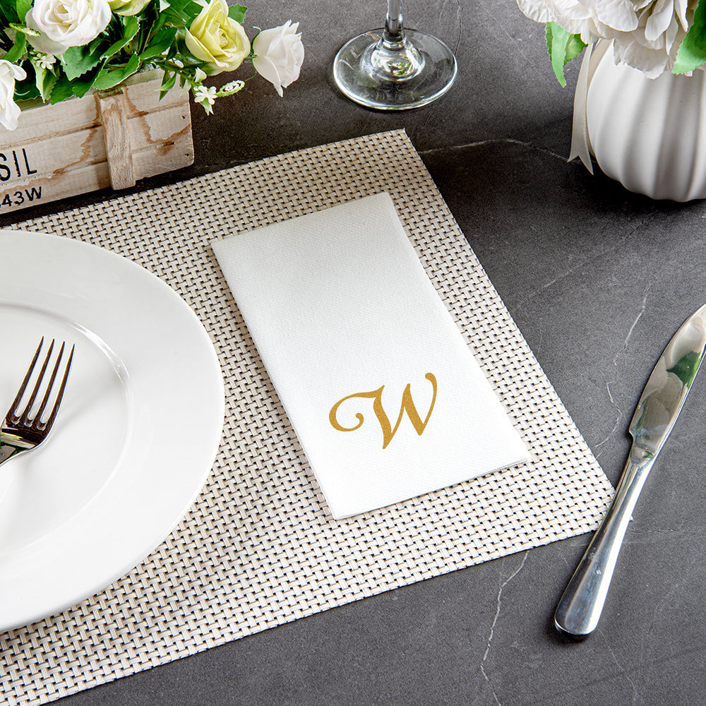 Luxenap Rectangle Gold Letter W White Paper Linen-Feel Guest Towel / Napkin - Air Laid, Cursive Font - 15 3/4" x 8" - 50 count box