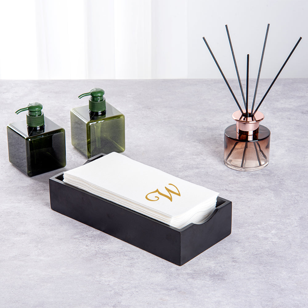 Luxenap Rectangle Gold Letter W White Paper Linen-Feel Guest Towel / Napkin - Air Laid, Cursive Font - 15 3/4" x 8" - 50 count box