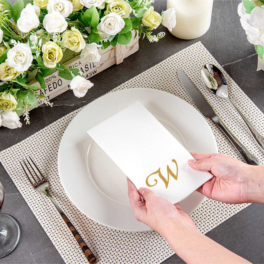 Luxenap Rectangle Gold Letter W White Paper Linen-Feel Guest Towel / Napkin - Air Laid, Cursive Font - 15 3/4" x 8" - 2000 count box