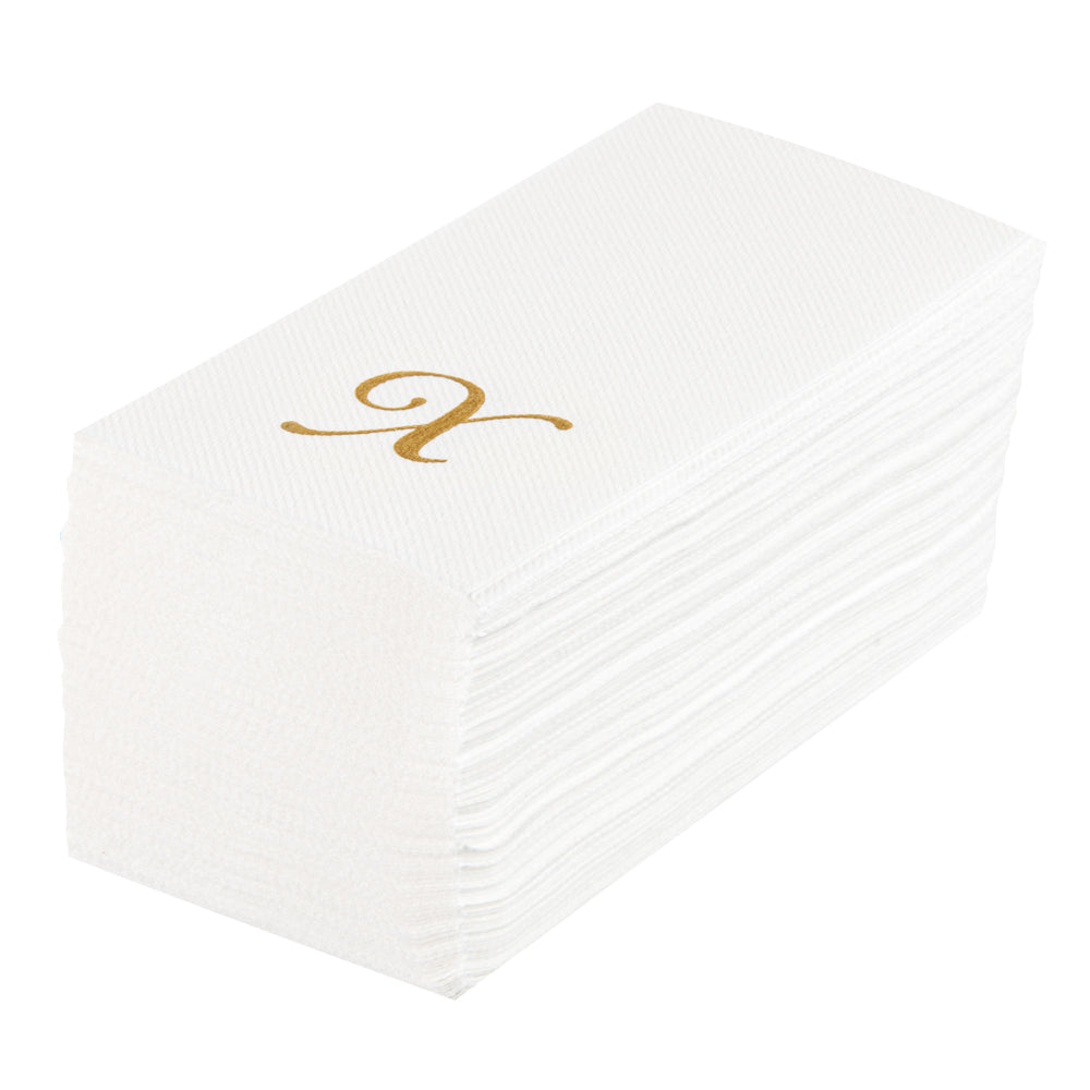 Luxenap Rectangle Gold Letter X White Paper Linen-Feel Guest Towel / Napkin - Air Laid, Cursive Font - 15 3/4" x 8" - 50 count box