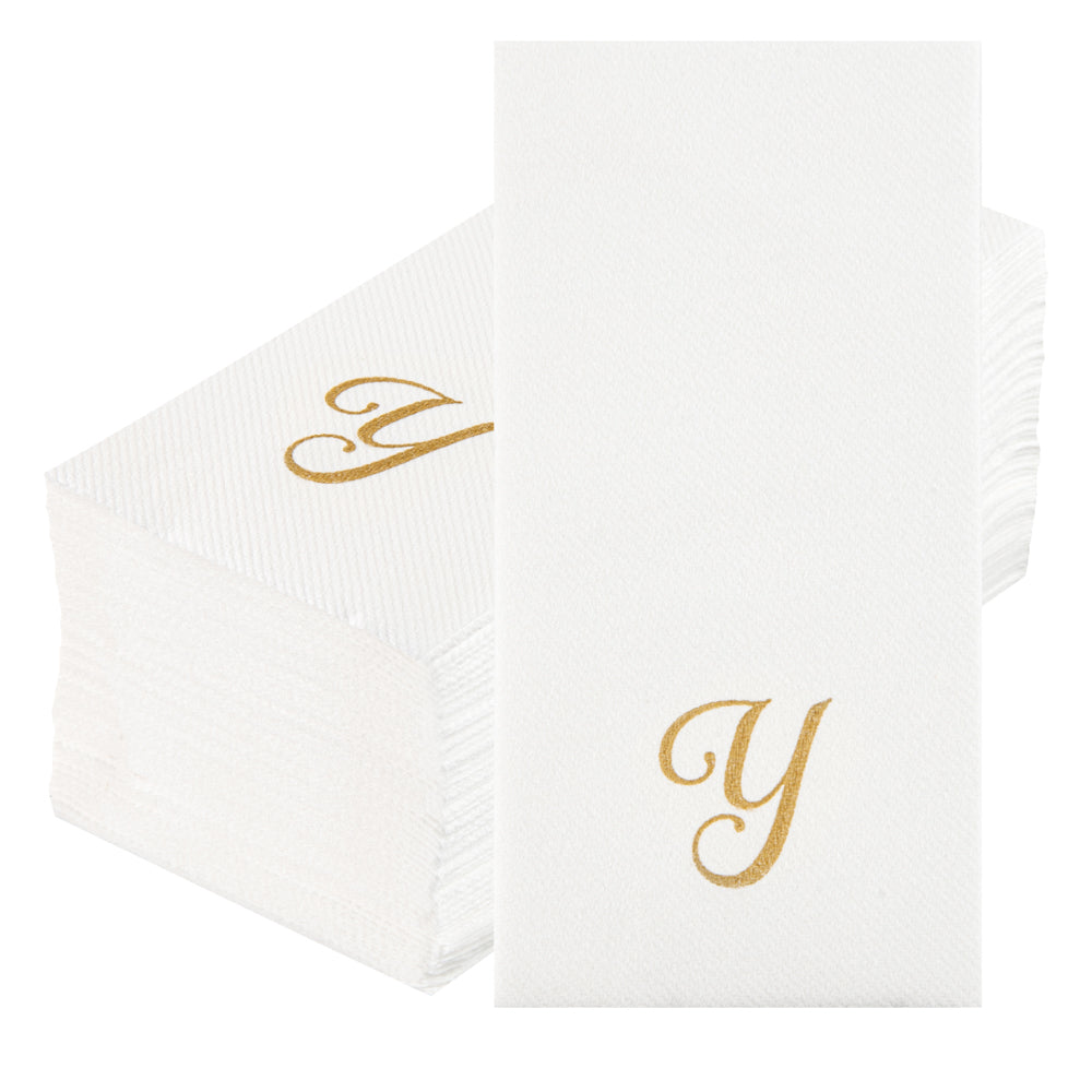 Luxenap Rectangle Gold Letter Y White Paper Linen-Feel Guest Towel / Napkin - Air Laid, Cursive Font - 15 3/4" x 8" - 50 count box
