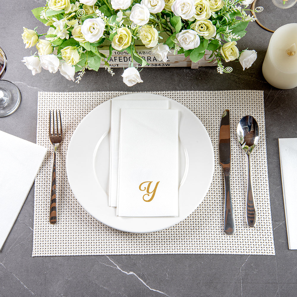 Luxenap Rectangle Gold Letter Y White Paper Linen-Feel Guest Towel / Napkin - Air Laid, Cursive Font - 15 3/4" x 8" - 50 count box