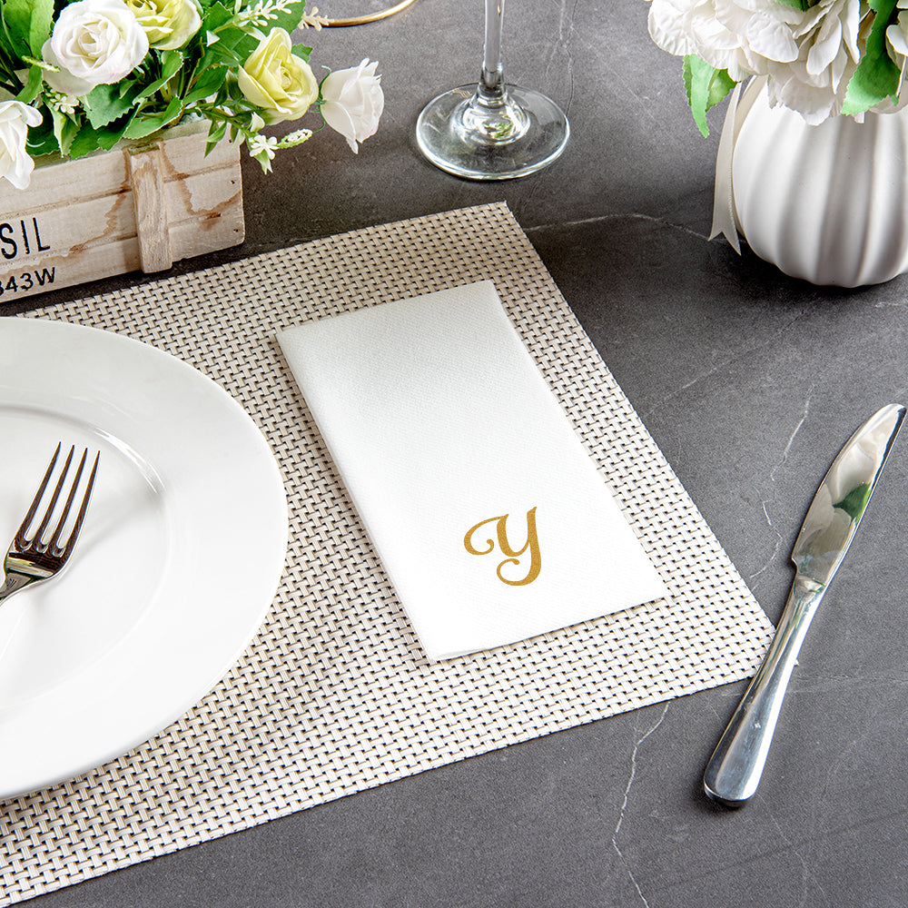 Luxenap Rectangle Gold Letter Y White Paper Linen-Feel Guest Towel / Napkin - Air Laid, Cursive Font - 15 3/4" x 8" - 50 count box