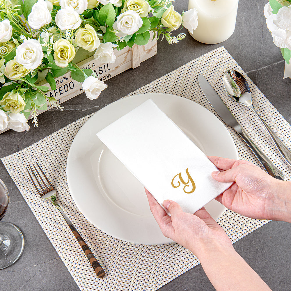 Luxenap Rectangle Gold Letter Y White Paper Linen-Feel Guest Towel / Napkin - Air Laid, Cursive Font - 15 3/4" x 8" - 50 count box