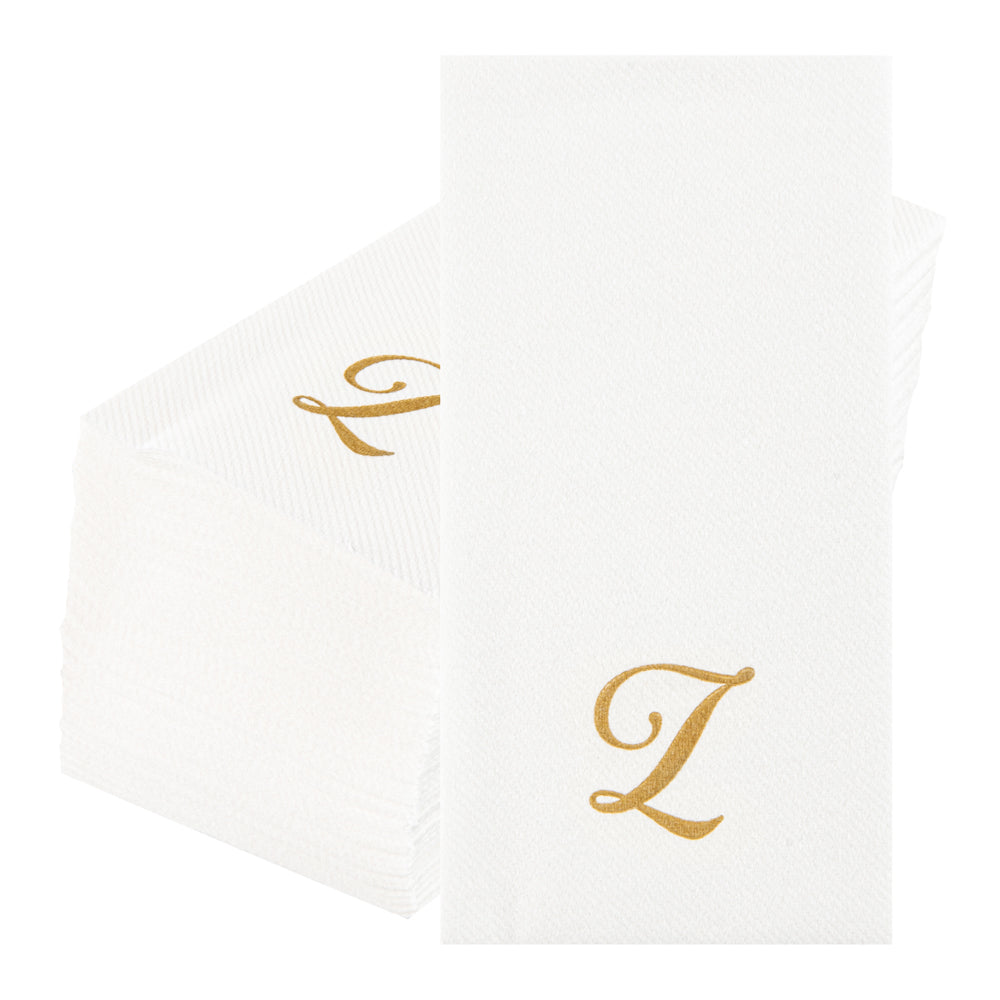 Luxenap Rectangle Gold Letter Z White Paper Linen-Feel Guest Towel / Napkin - Air Laid, Cursive Font - 15 3/4" x 8" - 50 count box