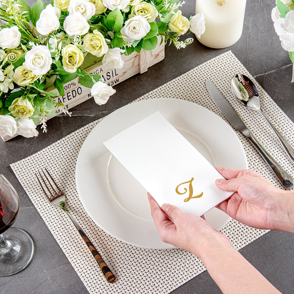 Luxenap Rectangle Gold Letter Z White Paper Linen-Feel Guest Towel / Napkin - Air Laid, Cursive Font - 15 3/4" x 8" - 2000 count box