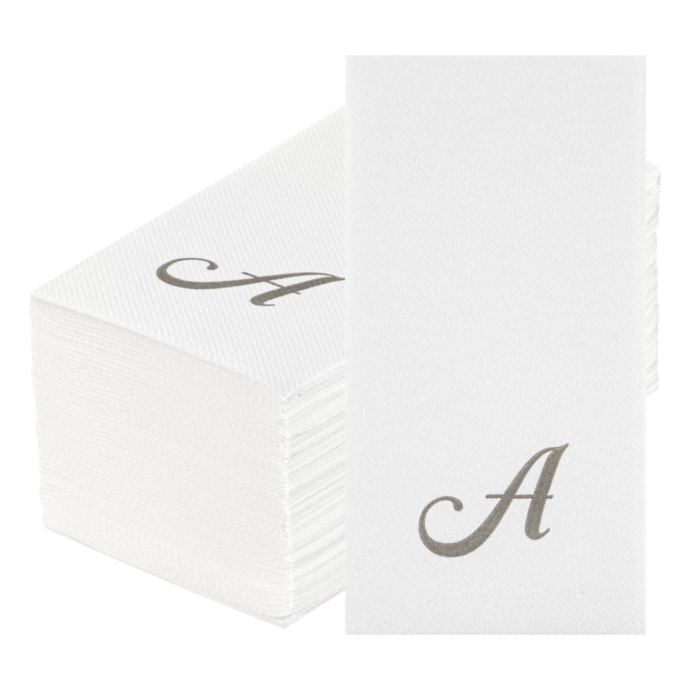 Luxenap Rectangle Silver Letter A White Paper Linen-Feel Guest Towel / Napkin - Air Laid, Cursive Font - 15 3/4" x 8" - 50 count box