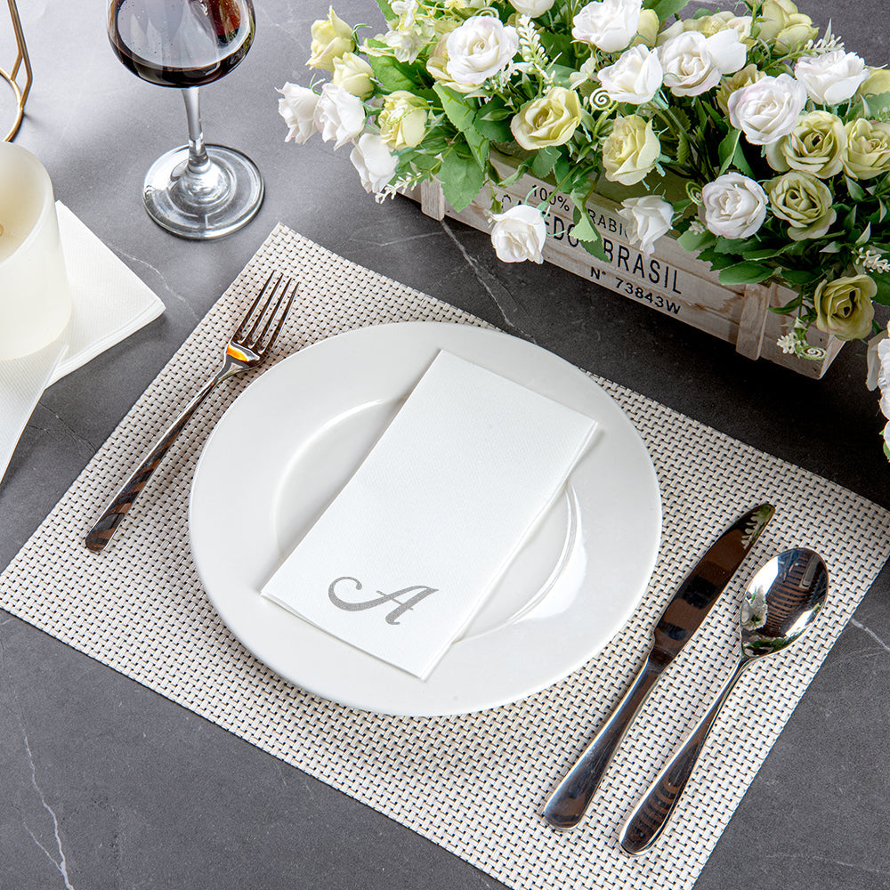 Luxenap Rectangle Silver Letter A White Paper Linen-Feel Guest Towel / Napkin - Air Laid, Cursive Font - 15 3/4" x 8" - 50 count box