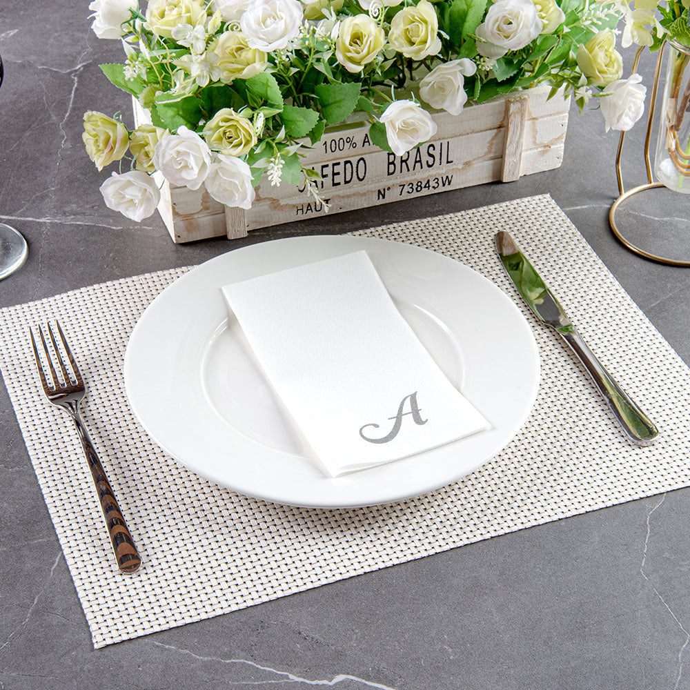 Luxenap Rectangle Silver Letter A White Paper Linen-Feel Guest Towel / Napkin - Air Laid, Cursive Font - 15 3/4" x 8" - 50 count box