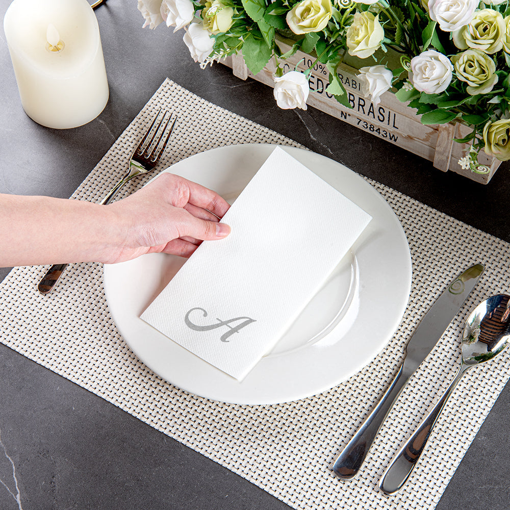 Luxenap Rectangle Silver Letter A White Paper Linen-Feel Guest Towel / Napkin - Air Laid, Cursive Font - 15 3/4" x 8" - 2000 count box
