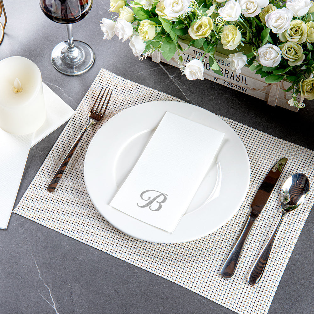 Luxenap Rectangle Silver Letter B White Paper Linen-Feel Guest Towel / Napkin - Air Laid, Cursive Font - 15 3/4" x 8" - 50 count box