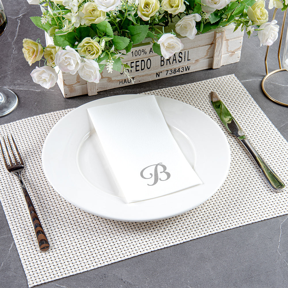 Luxenap Rectangle Silver Letter B White Paper Linen-Feel Guest Towel / Napkin - Air Laid, Cursive Font - 15 3/4" x 8" - 50 count box