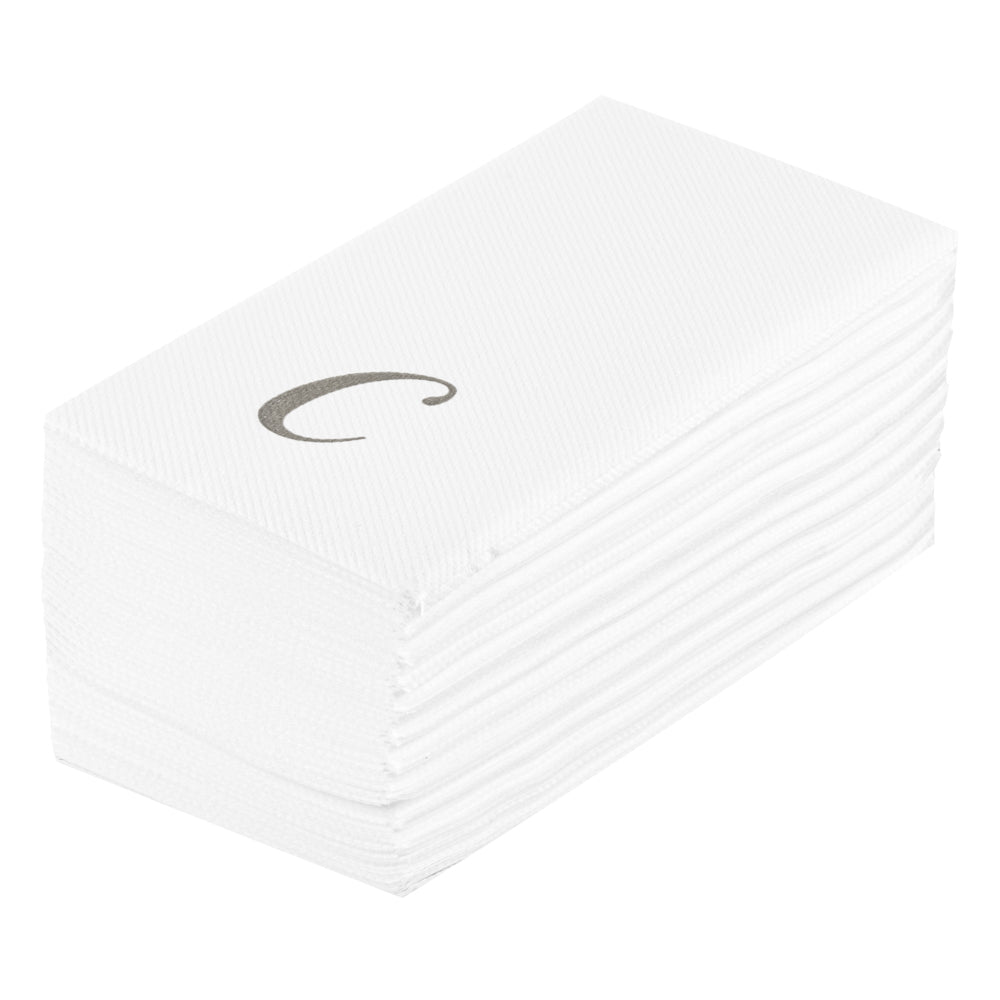 Luxenap Rectangle Silver Letter C White Paper Linen-Feel Guest Towel / Napkin - Air Laid, Cursive Font - 15 3/4" x 8" - 50 count box