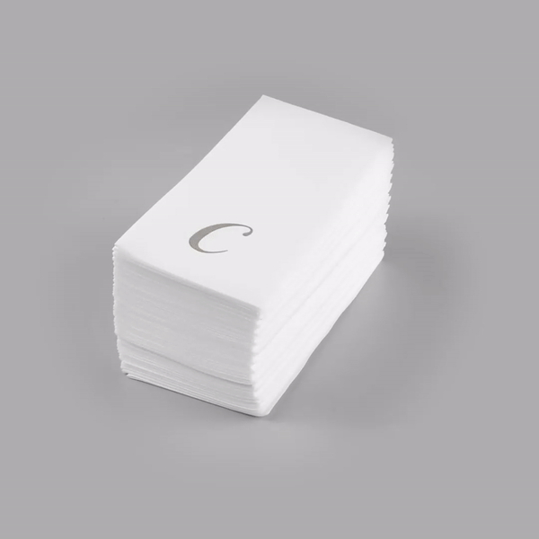 Luxenap Rectangle Silver Letter C White Paper Linen-Feel Guest Towel / Napkin - Air Laid, Cursive Font - 15 3/4" x 8" - 50 count box