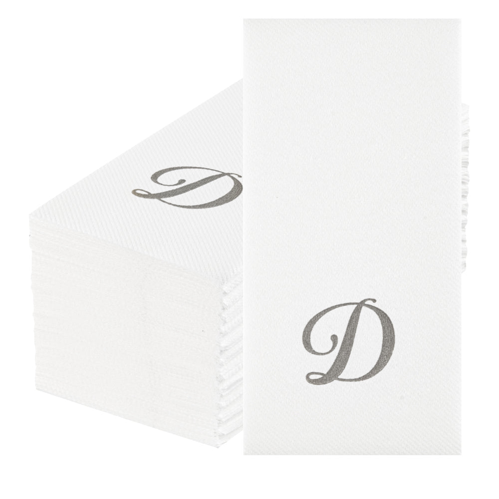 Luxenap Rectangle Silver Letter D White Paper Linen-Feel Guest Towel / Napkin - Air Laid, Cursive Font - 15 3/4" x 8" - 50 count box