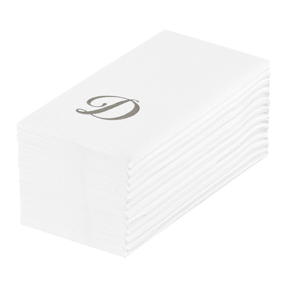 Luxenap Rectangle Silver Letter D White Paper Linen-Feel Guest Towel / Napkin - Air Laid, Cursive Font - 15 3/4" x 8" - 50 count box