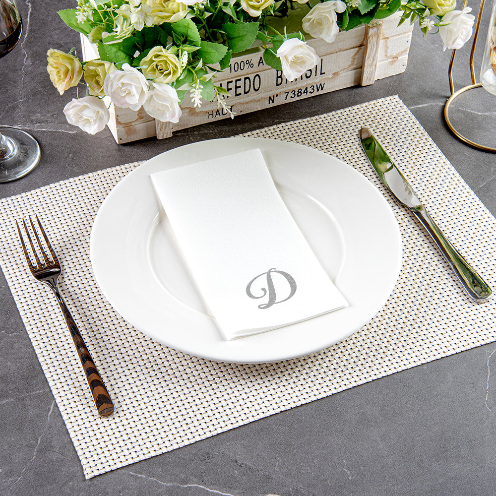 Luxenap Rectangle Silver Letter D White Paper Linen-Feel Guest Towel / Napkin - Air Laid, Cursive Font - 15 3/4" x 8" - 50 count box