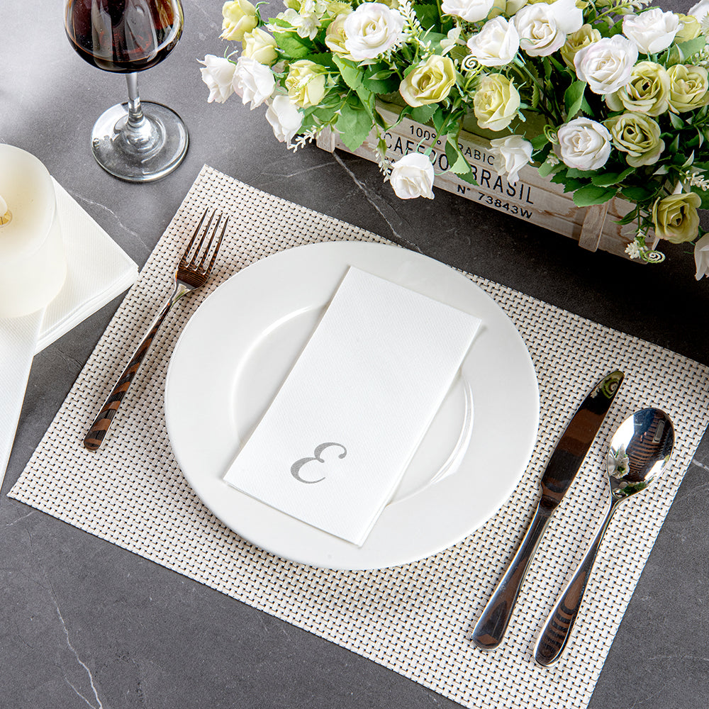 Luxenap Rectangle Silver Letter E White Paper Linen-Feel Guest Towel / Napkin - Air Laid, Cursive Font - 15 3/4" x 8" - 2000 count box